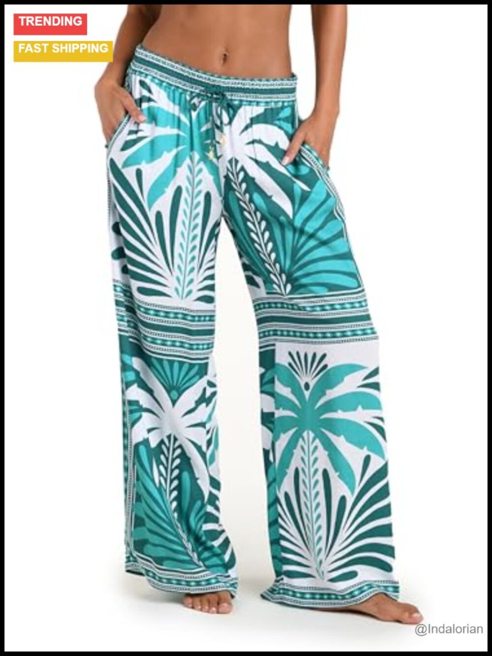 Wide Leg Palazzo Swim Cover Up Beach Pants Tie Waist Pockets